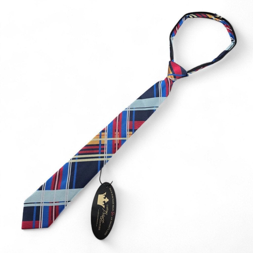 Littlest Prince Couture Boys Zipper Tie 8-11Y Multicolor Plaid Polyester 17 inch